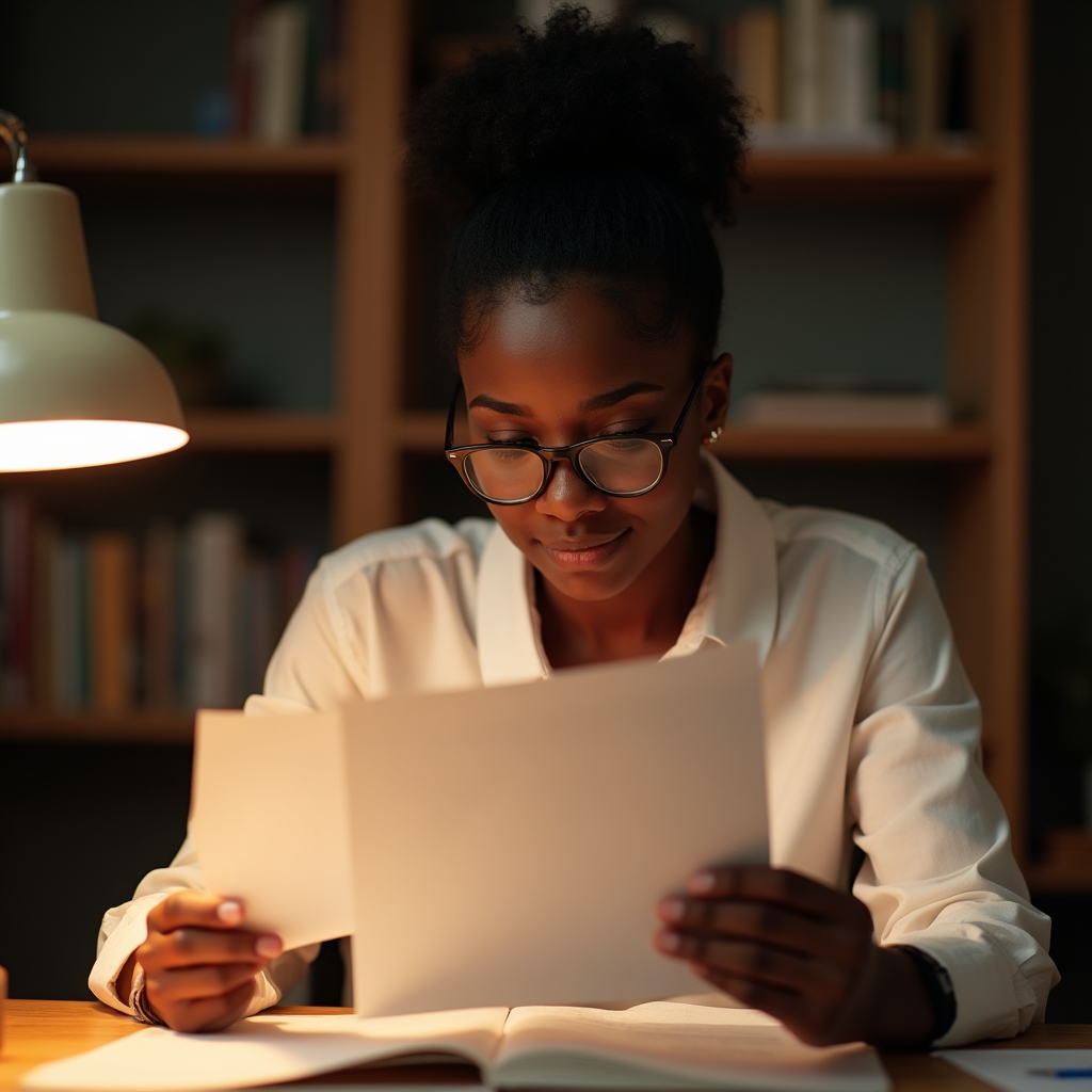 Person reading a document carefully in warm focused light