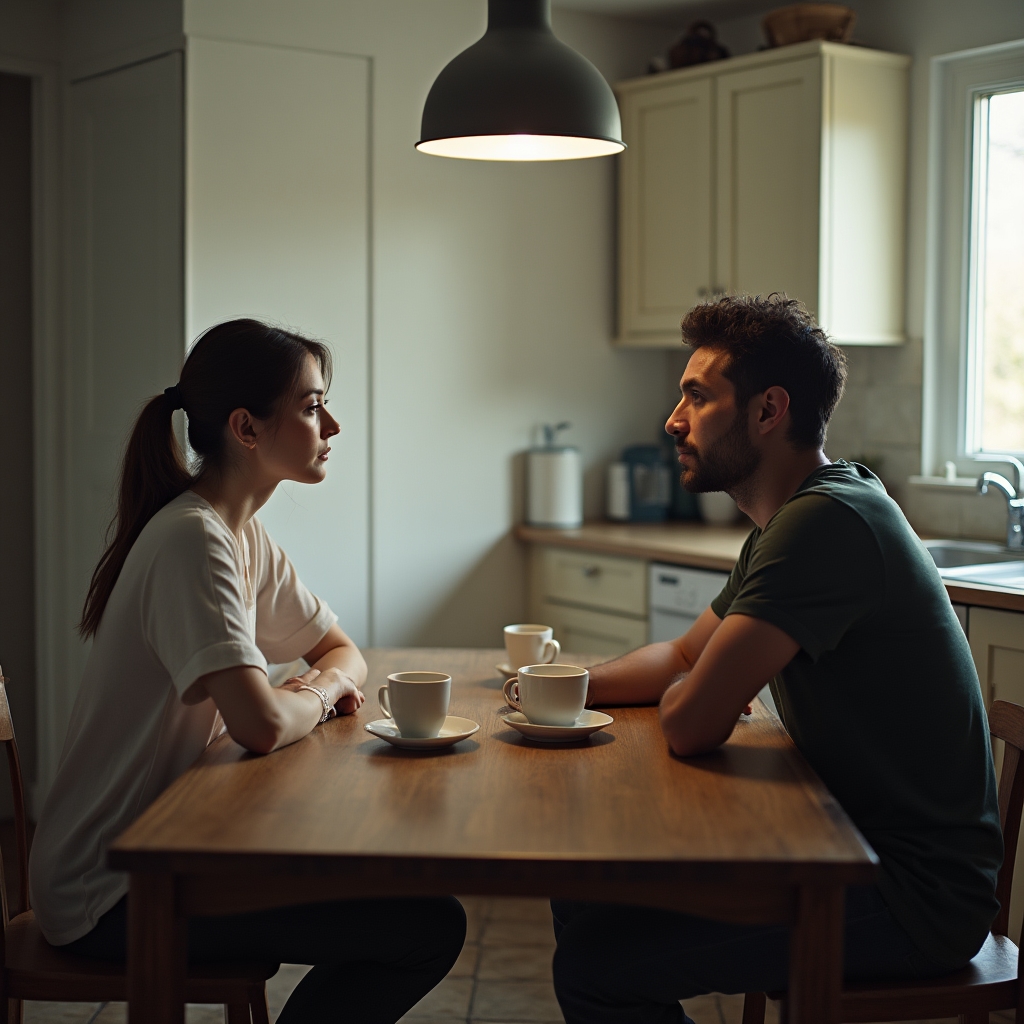Two people sitting apart at a kitchen table, each looking away, tension visible in their posture