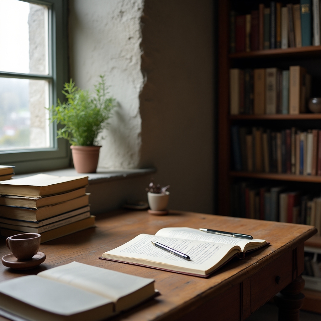 Quiet editorial workspace in Galway with natural light, books, and a desk with papers