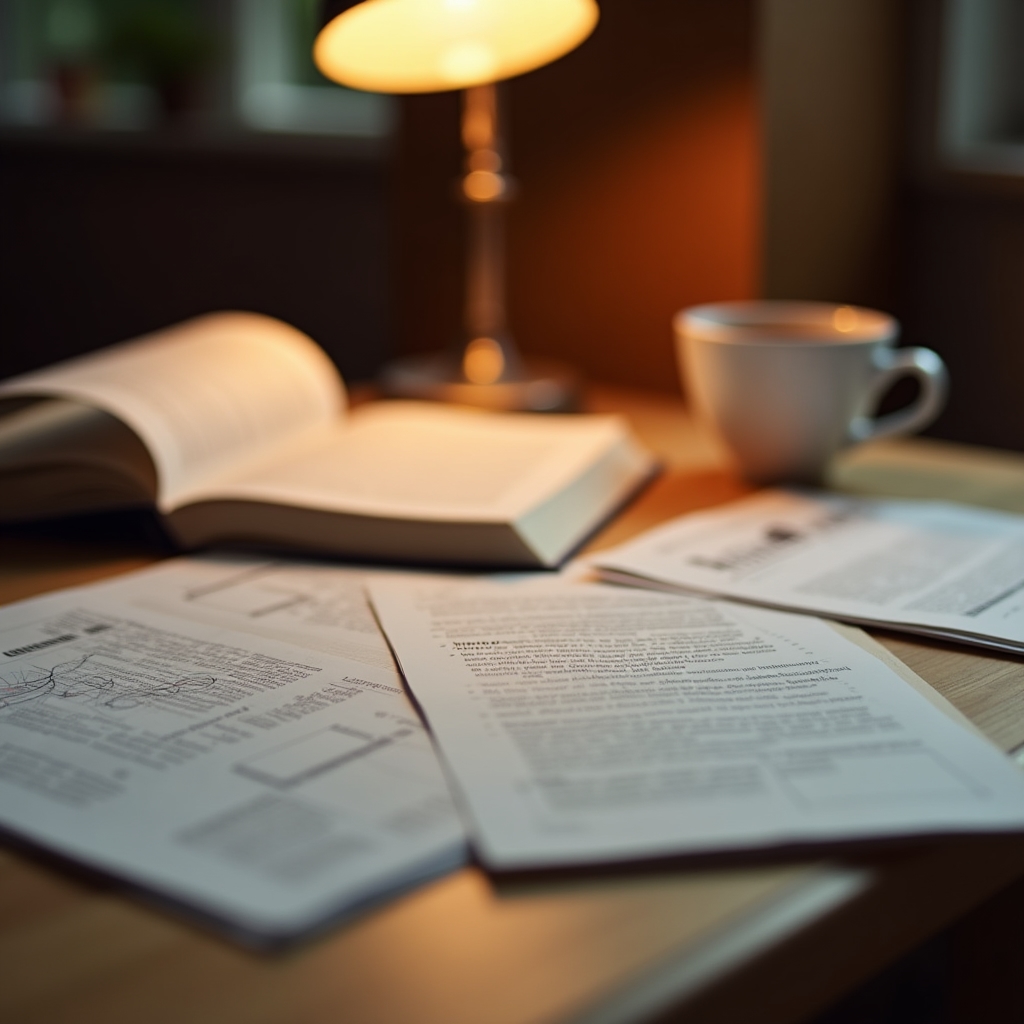 Open research journal and papers on a desk with warm reading lamp light