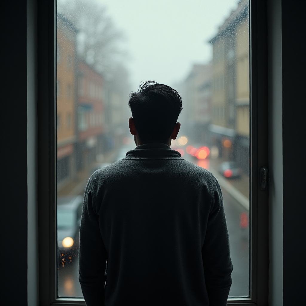 Person standing at a rain-streaked window, seen from behind, in a quiet contemplative moment