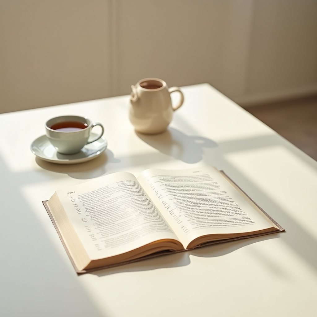 Open directory or resource guide on a clean desk with a cup of tea beside it