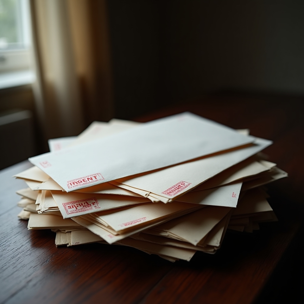 Stack of unopened letters and envelopes on a wooden table in soft morning light